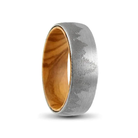 Silver Tungsten Wood Ring with Etched Forrest on Outer