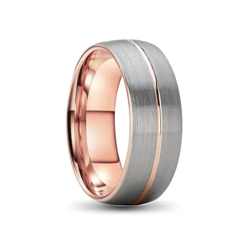 Ladies Rose Gold Tungsten Carbide Ring with Silver Outer and Line Inlay