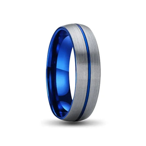 BLUE TUNGSTEN CARBIDE RING WITH BRUSHED SILVER OUTER