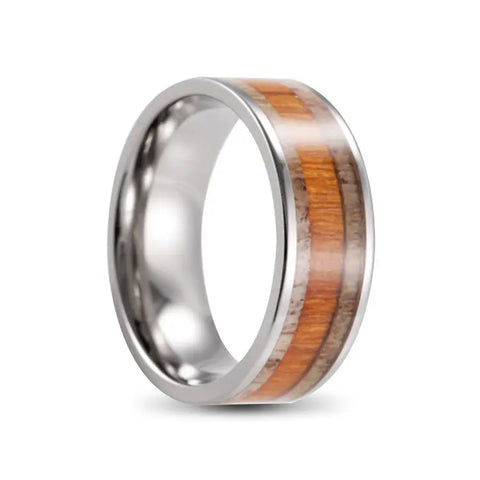 Silver Titanium Ring With Zebra Wood and Antler Inlays