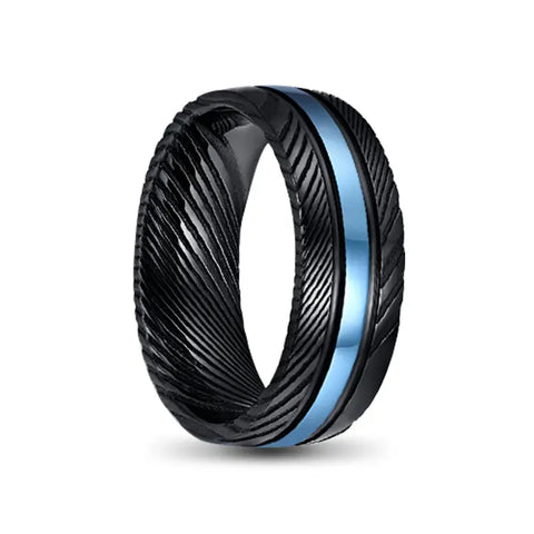 Black Damascus Steel Ring with Blue Titanium Inlay