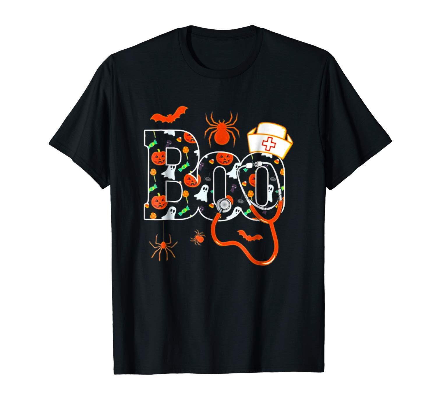 Boo Halloween Shirt With Spiders And Witch Nurse Hat