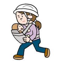 抱っこ紐を使って赤ちゃんと非難するお母さんのイラスト