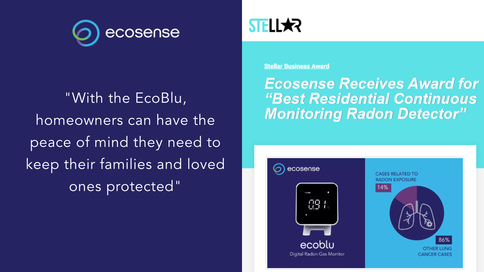 EcoBlu has been recognized by Stellar Business with the award for Best Residential Continuous Monitoring Radon Detector. 