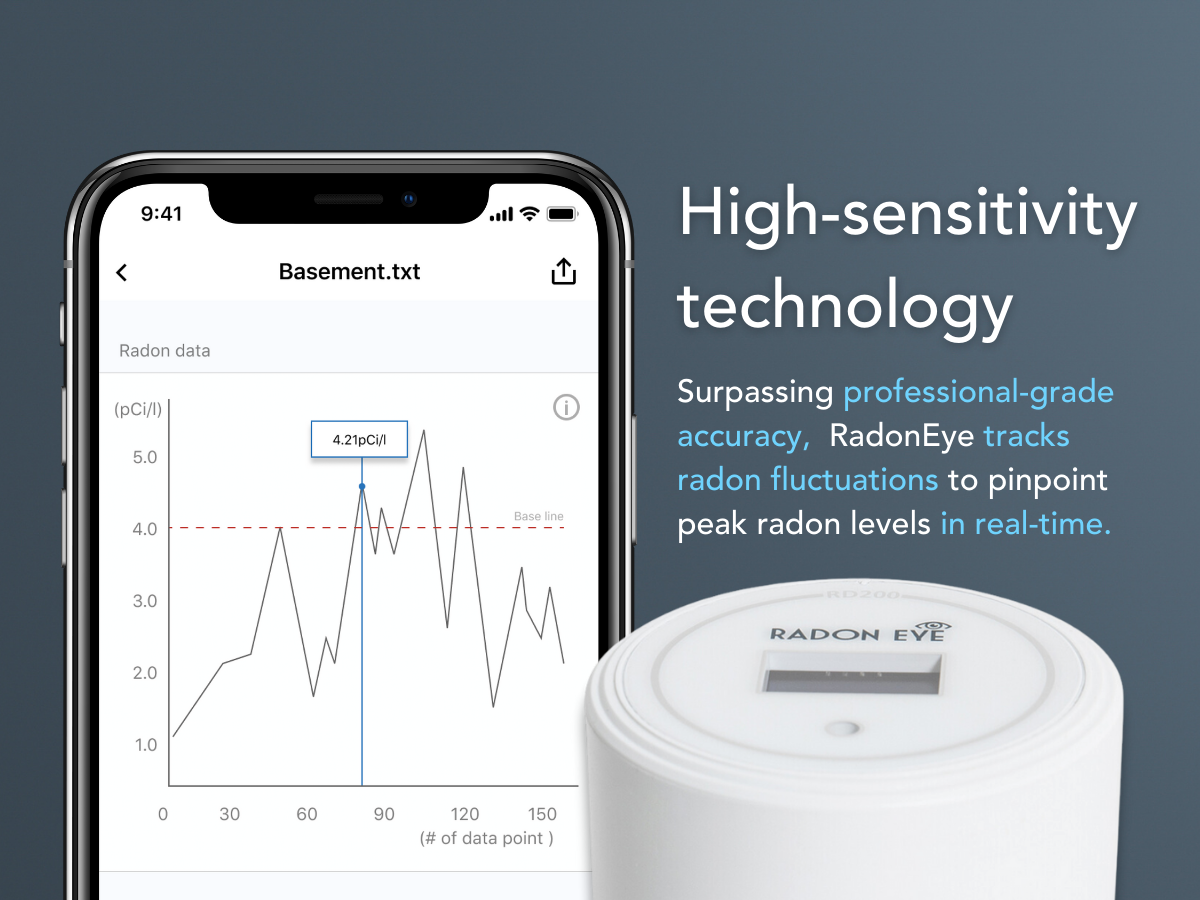 RadonEye device display top and mobile app radon trend