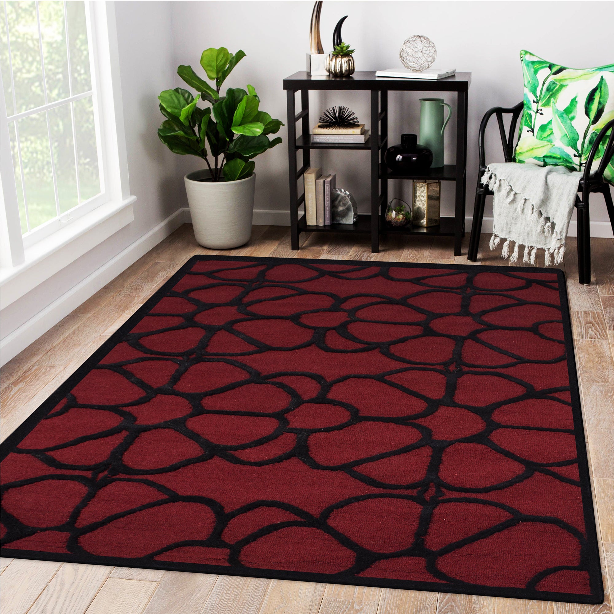 Maroon Woolen Handmade Bhadohi Carpet Flower Border Pattern