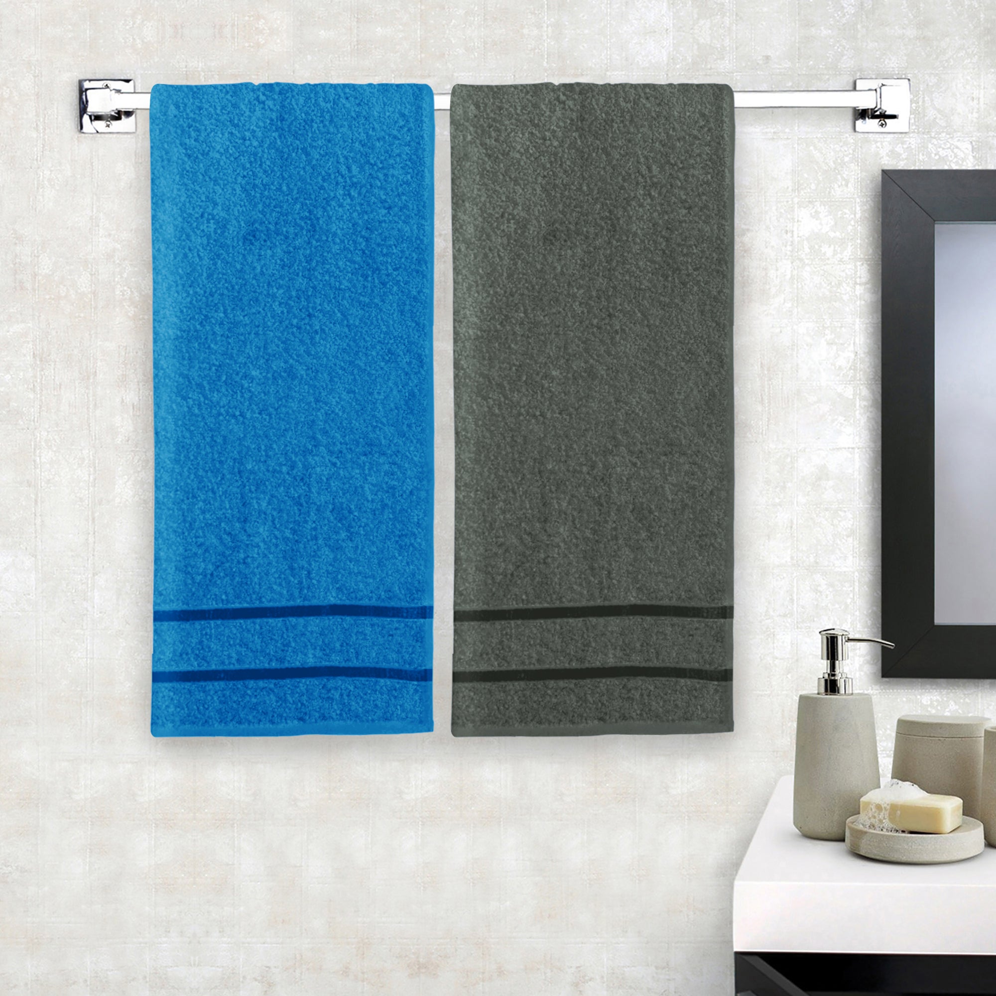 StoryatHome 2 Units 100% Cotton Ladies Bath Towels - Blue and Charcoal Grey