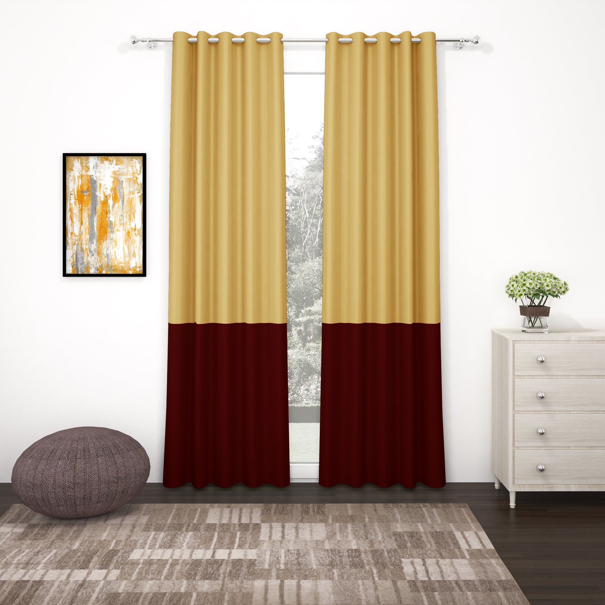 2 Pcs Maroon-Gold Blackout Gold Faux Silk Room Darkening Door Curtains, 7 Ft