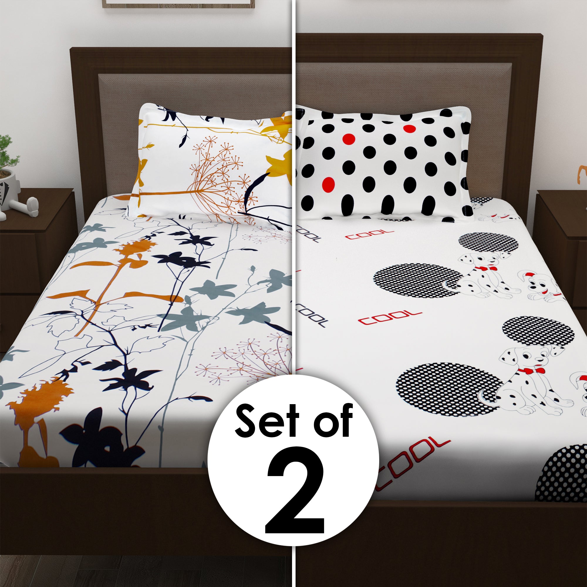 Metro Cotton Double Bedsheets Combo - Pack of 2  - White Printed Floral and Dalmatian / Polka Dots