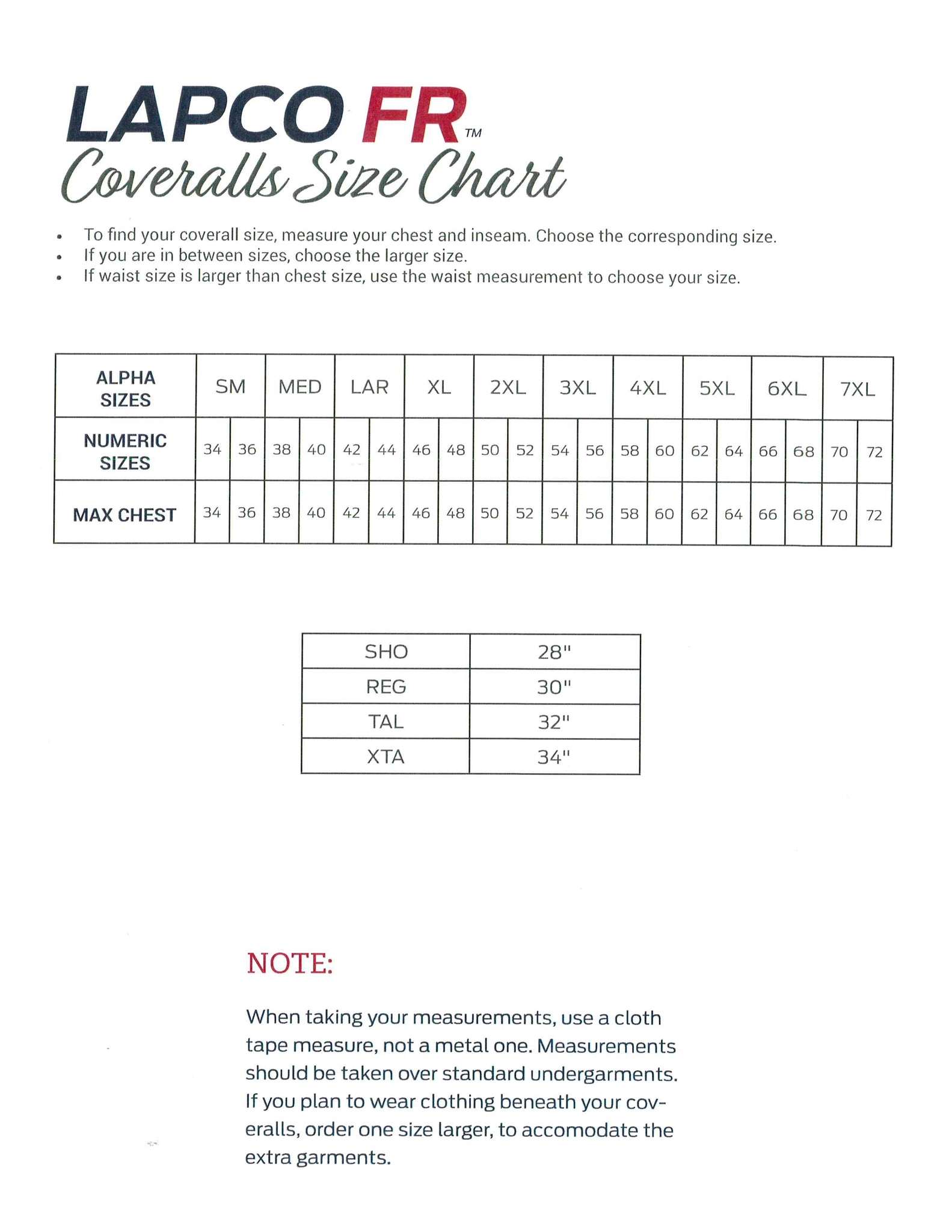 Lapco Fr Coveralls Size Chart