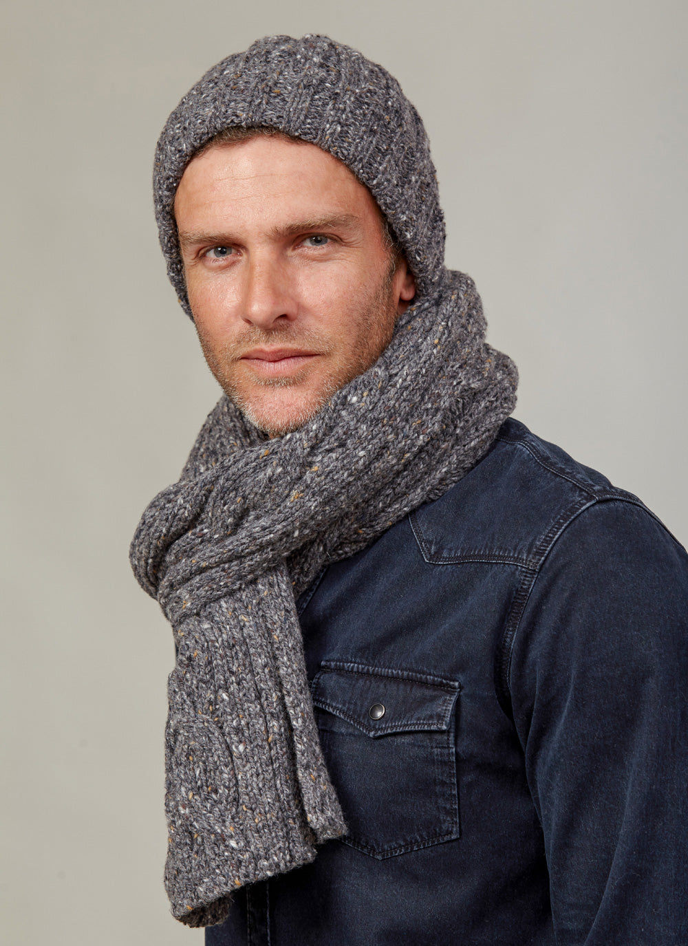 Fisherman 100% Merino Wool Mens Scarf and/or Beanie - Grey Flecks