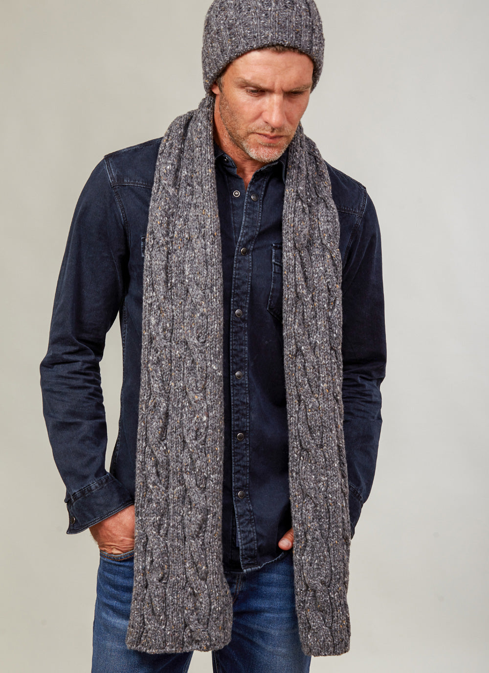 Fisherman 100% Merino Wool Mens Scarf and/or Beanie - Grey Flecks