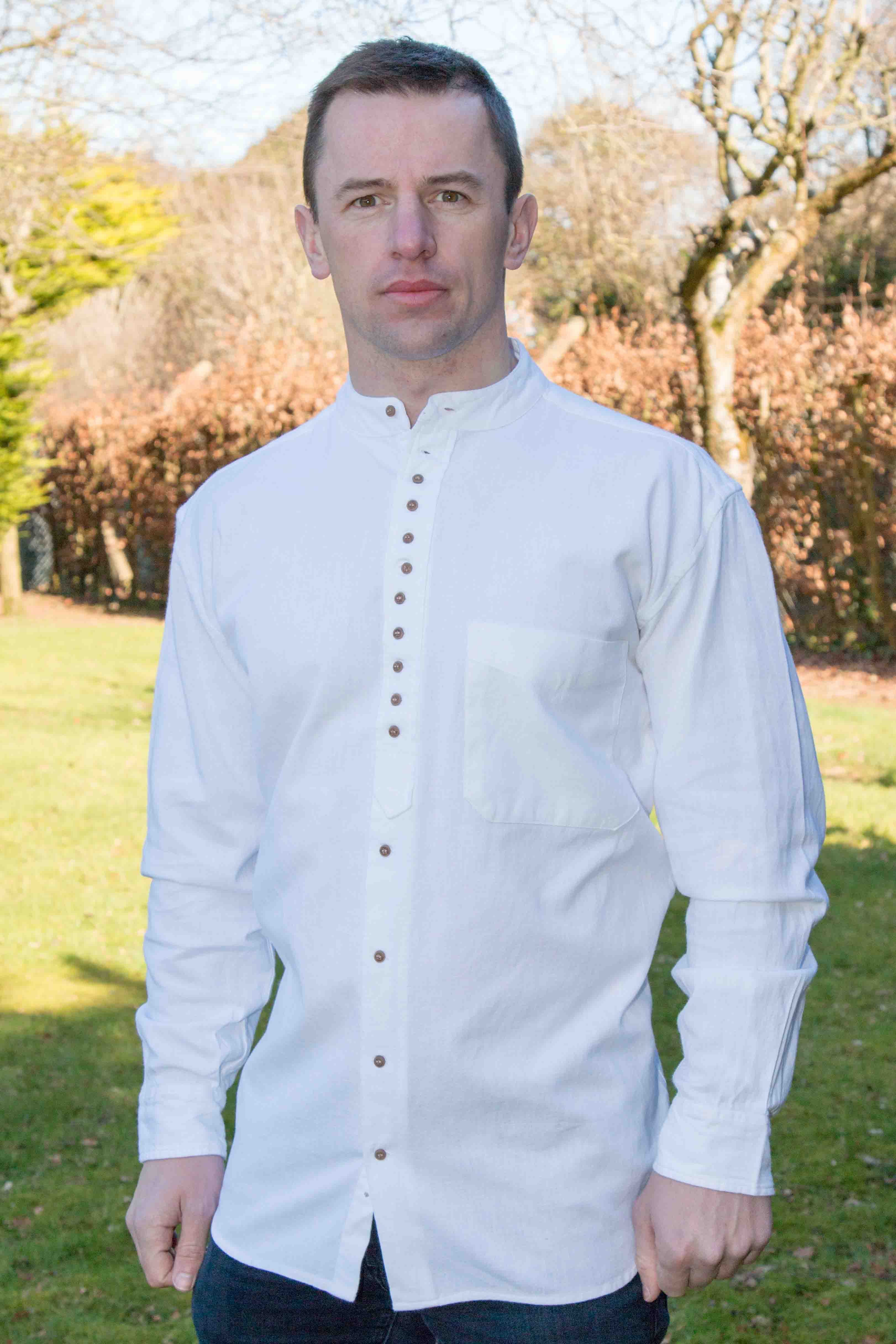 Civilian White Linen and Cotton Grandfather Collarless Shirt