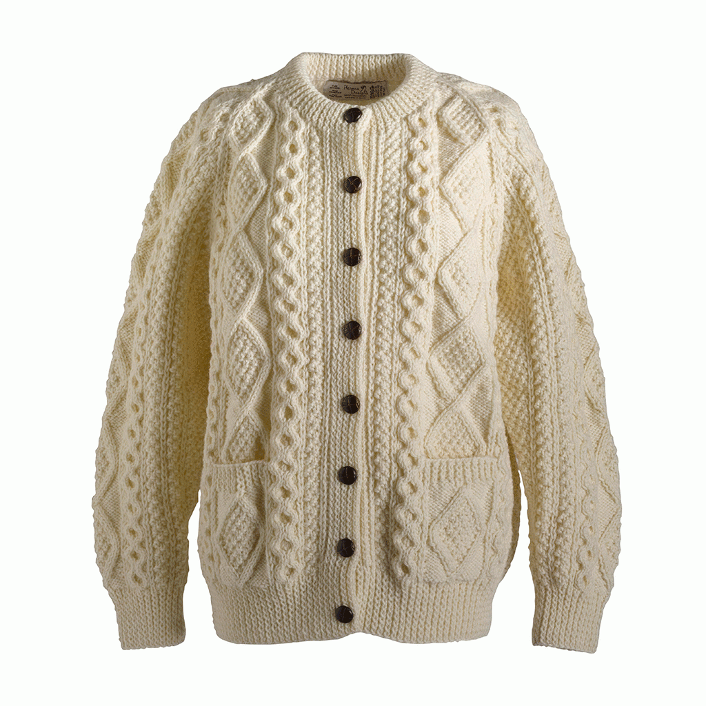 Ladies Irish Handknit Aran Crewneck Cardigan