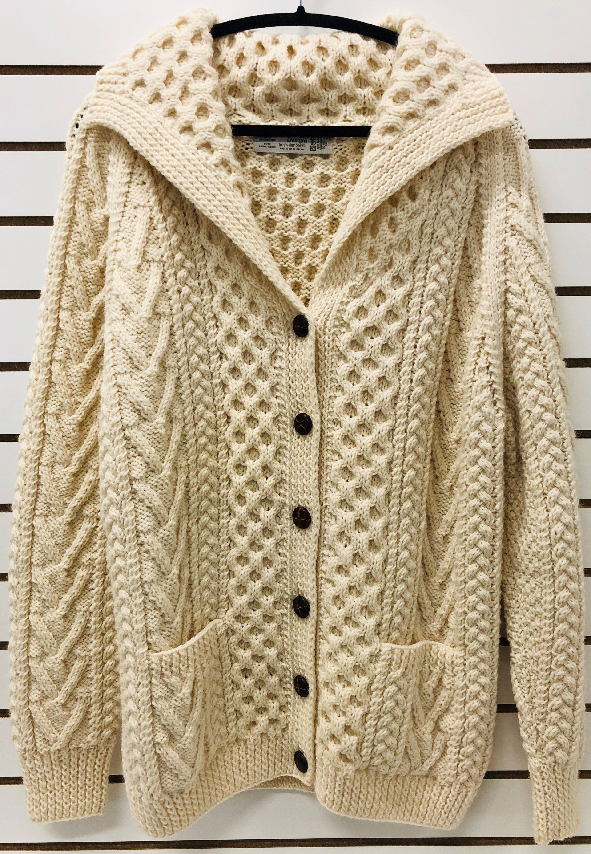 Women's Hand Knit 6 Button Shawl Collar Irish Wool Aran Cardigan - Natural White