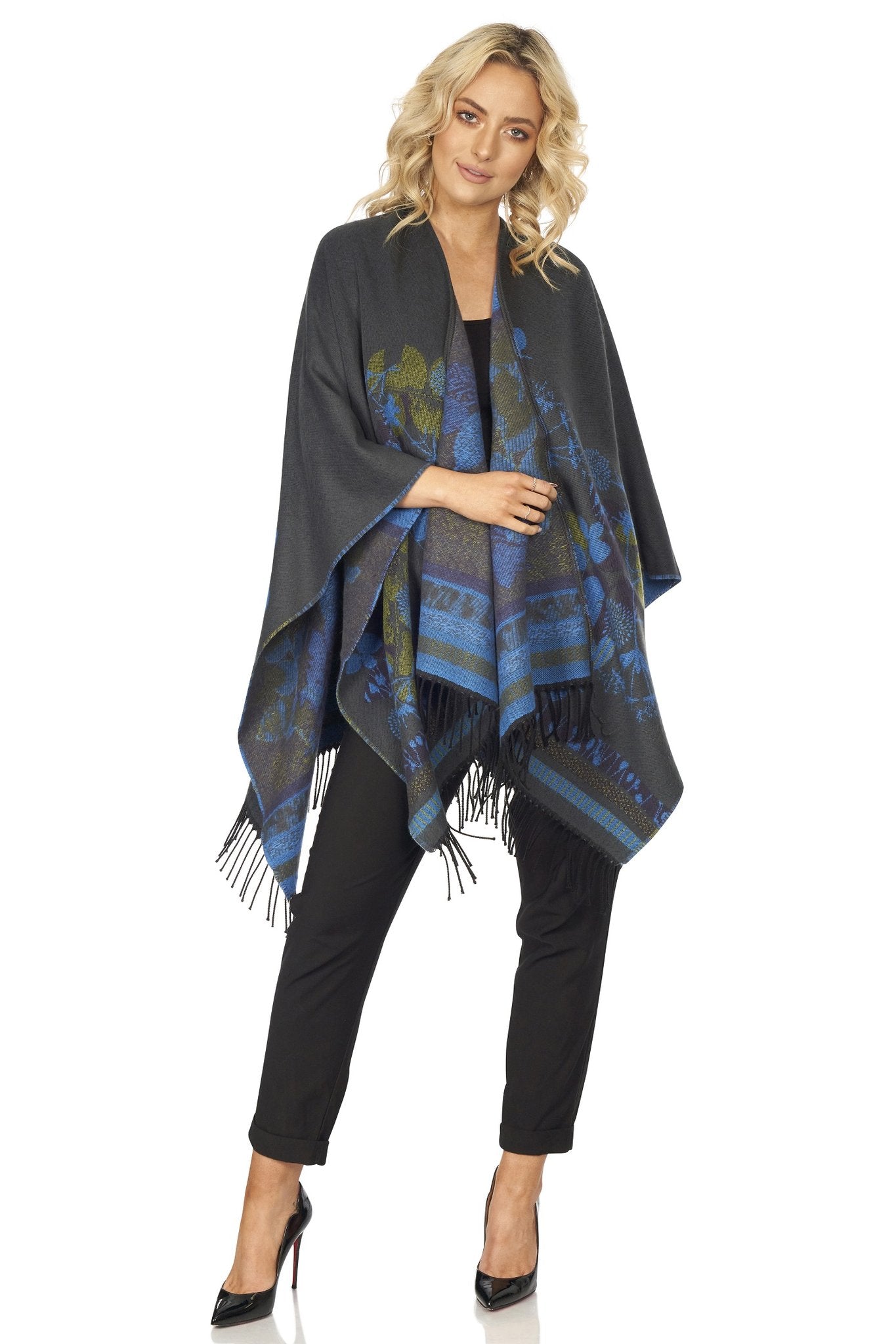 Women's Fringed Shawl with Floral Motif