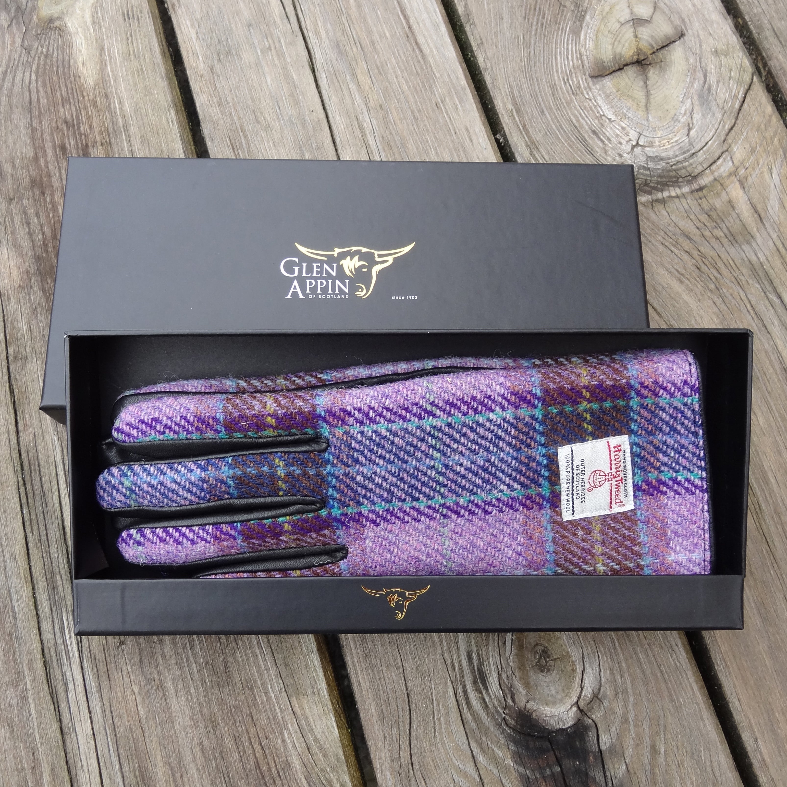 Women's Harris Tweed and Black Leather Gloves - Boxed