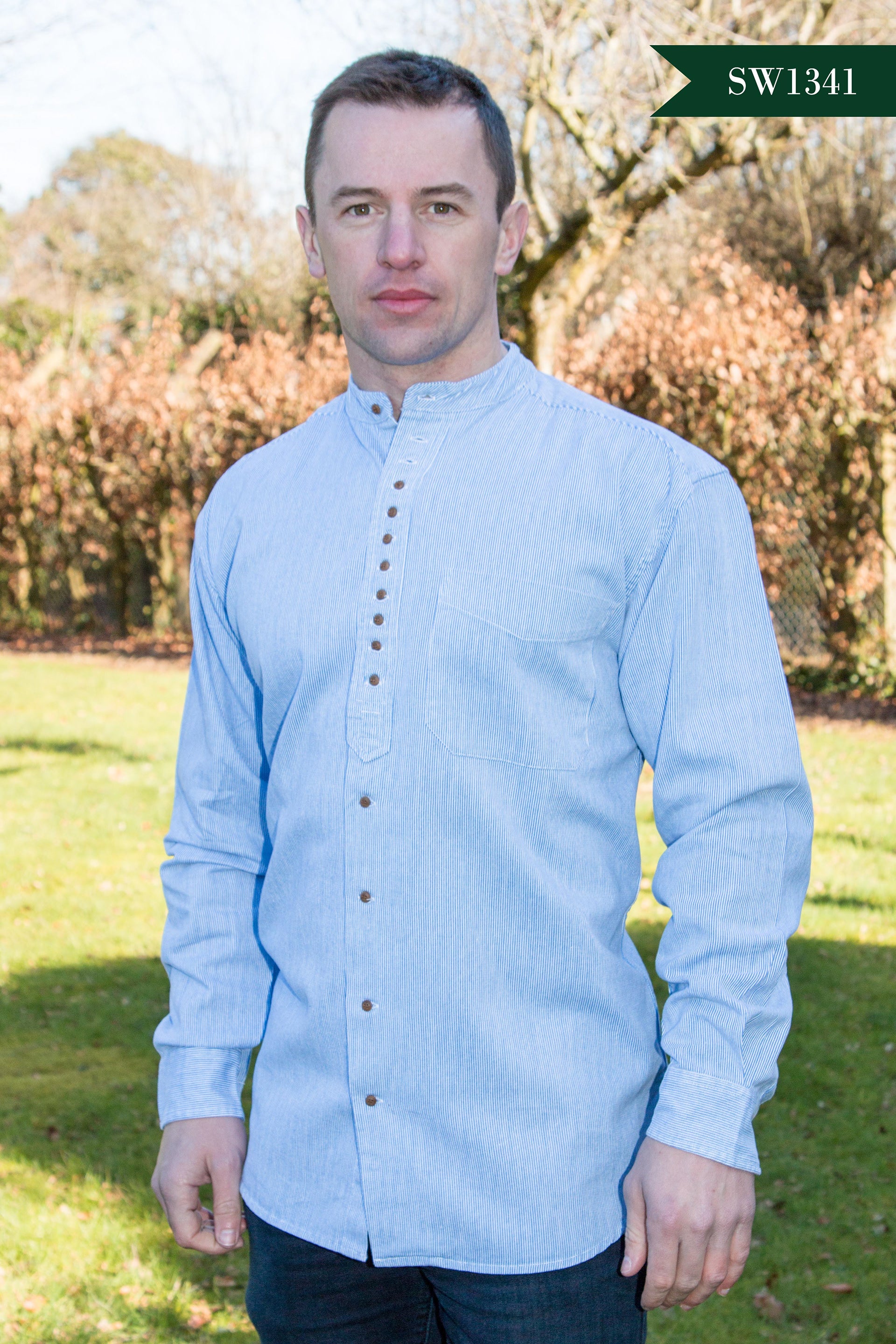 Civilian Blue and White Striped Grandfather Collarless Shirt