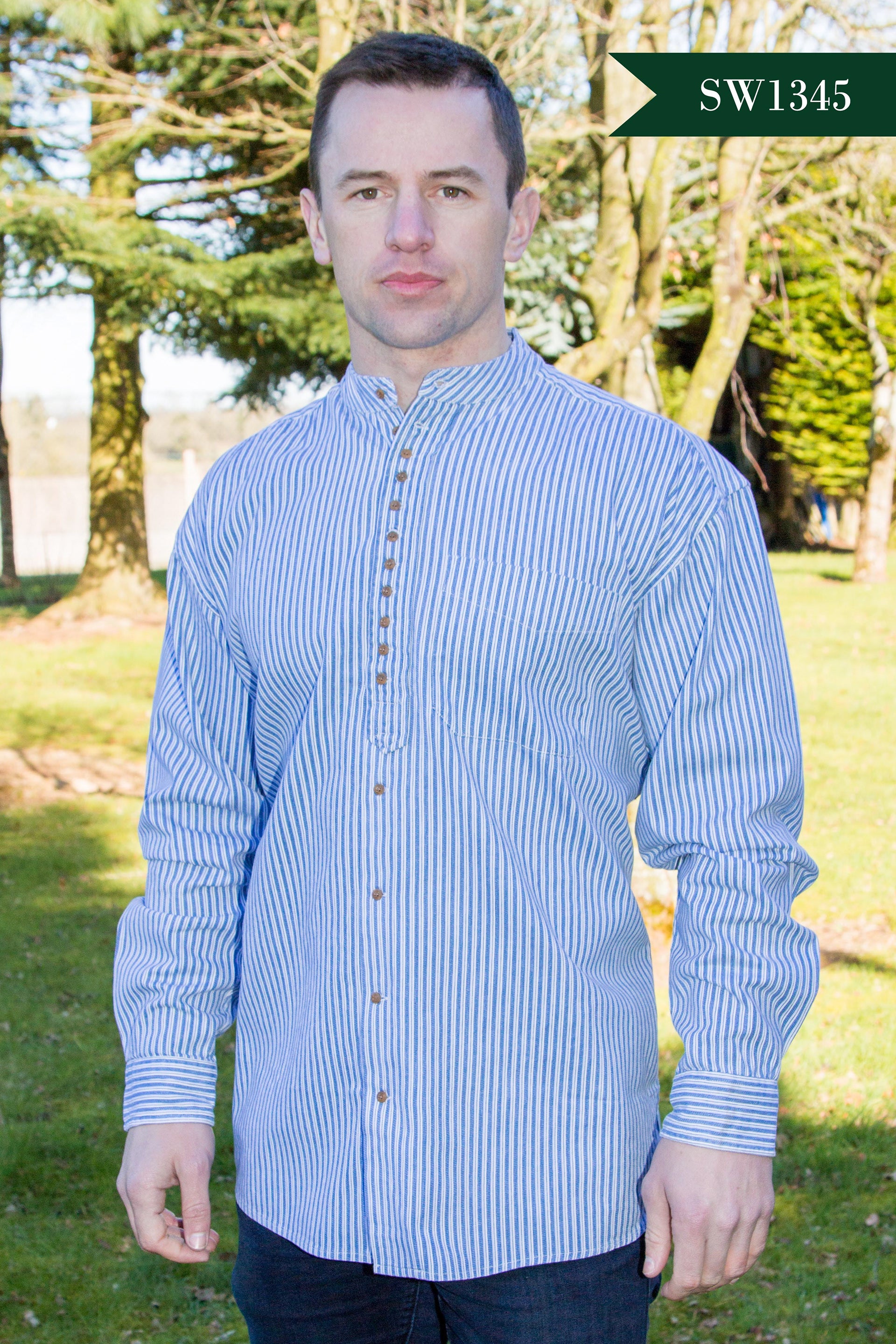 Civilian Blue Stripes Grandfather Collarless Shirt