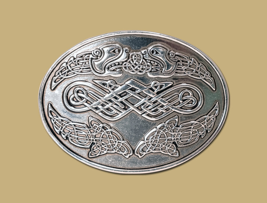 Two Barking Dogs Polished Silver Finish Celtic Belt Buckle