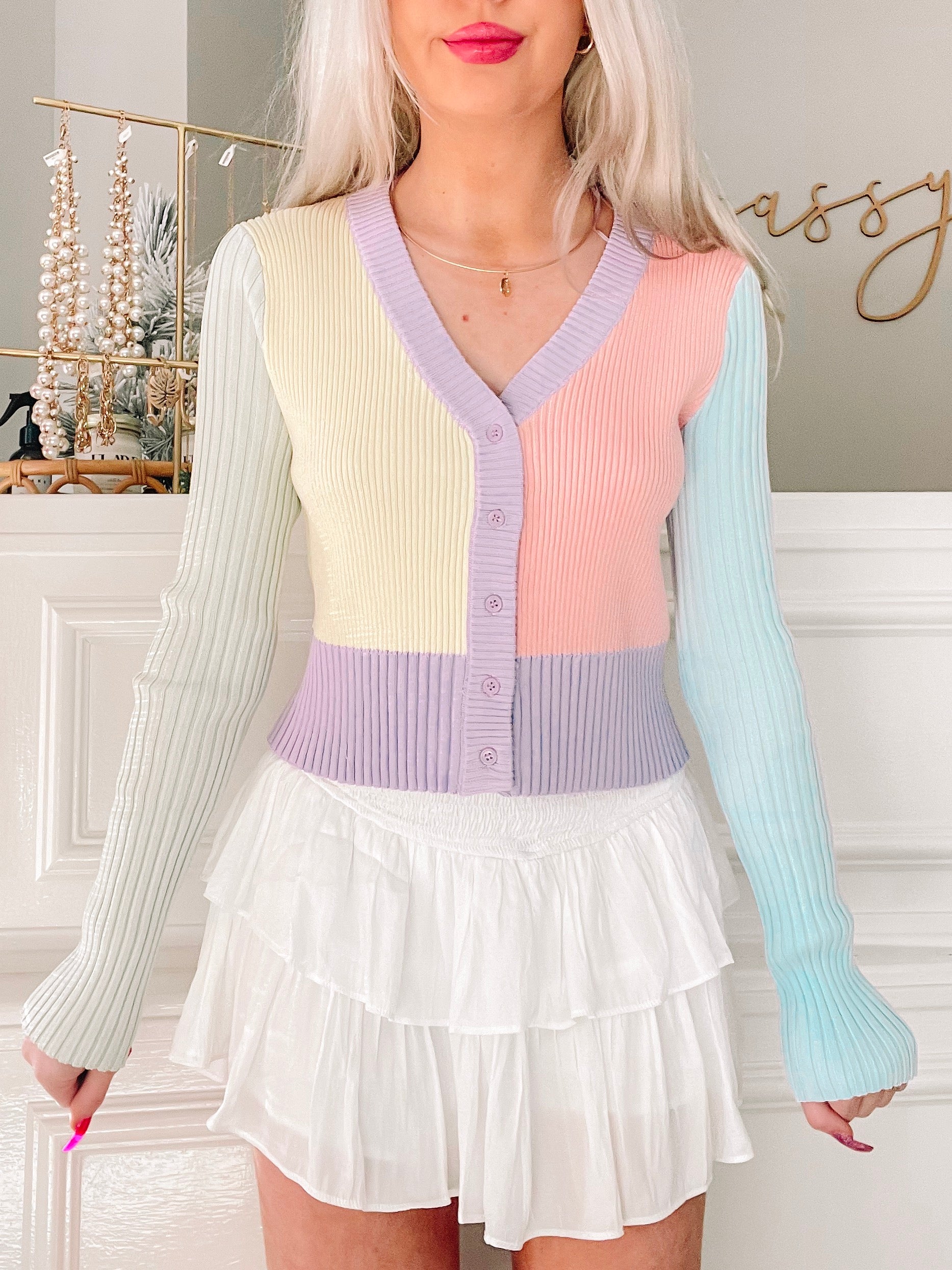 Pastel Perfection Color Block Cardigan Sweater Sassy Shortcake