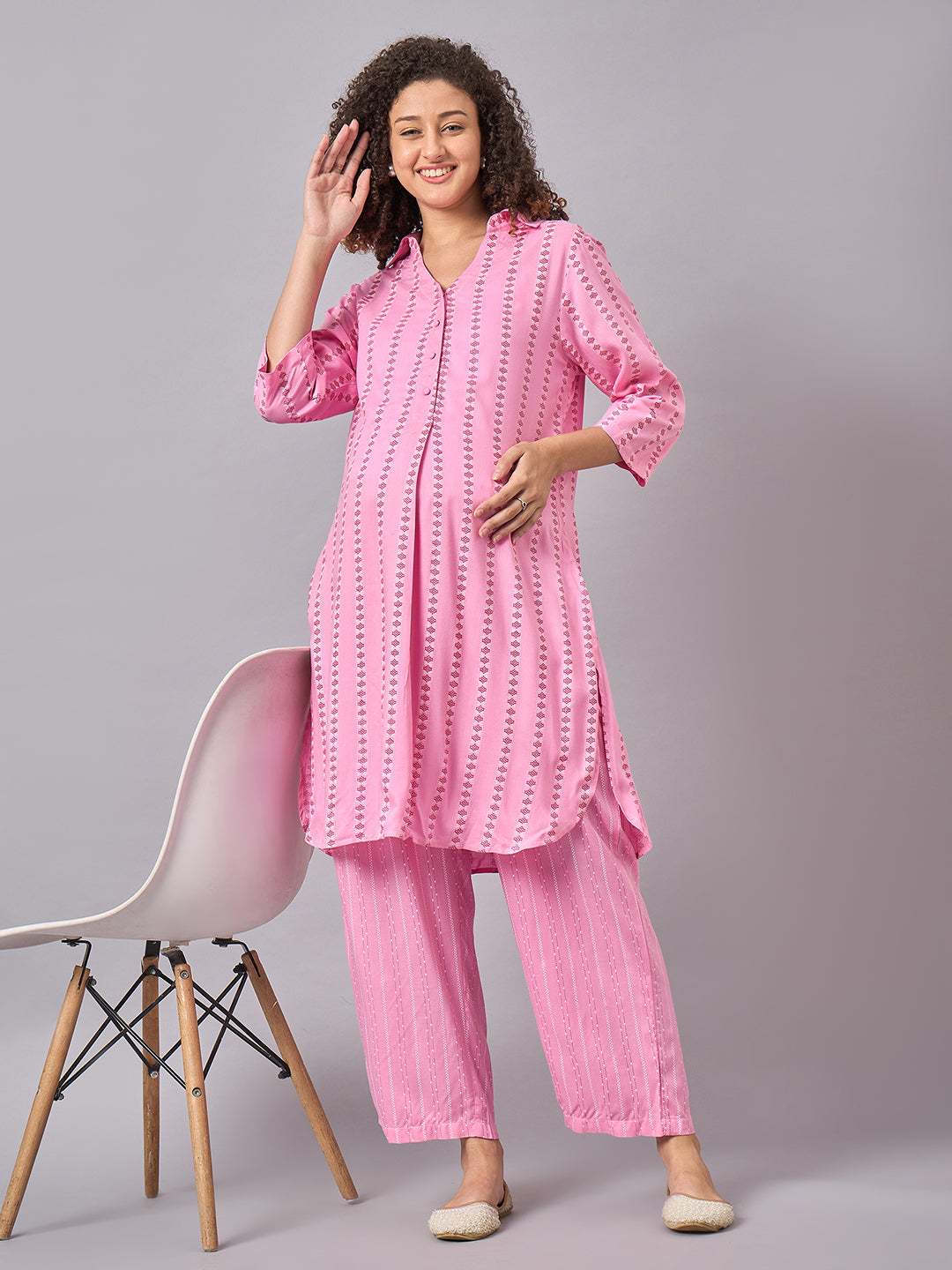 Pink Color Shirt Collar Maternity & Nursing Kurta Set