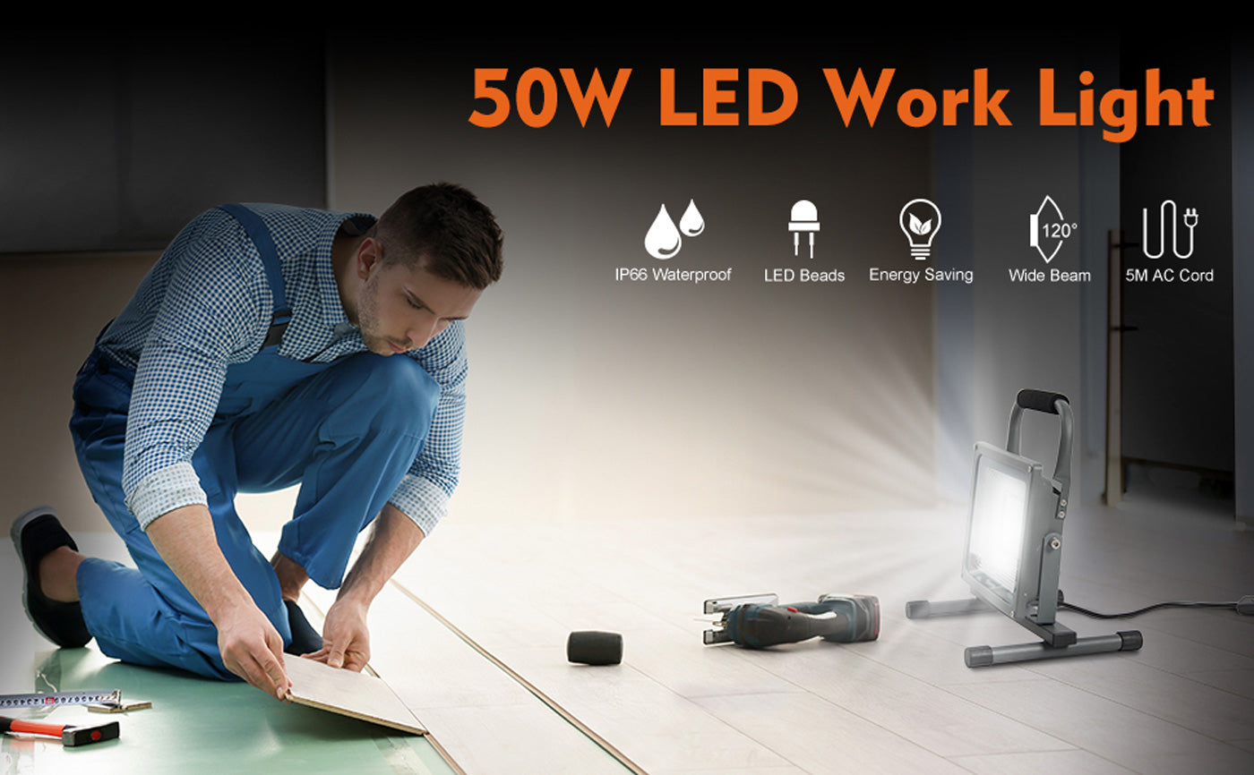 50W Bright LED Work Light Flood Light Waterproof Stand Job Site Working  Light US