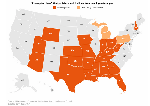 Preemption laws that prohibit municipalities from banning natural gas 2022