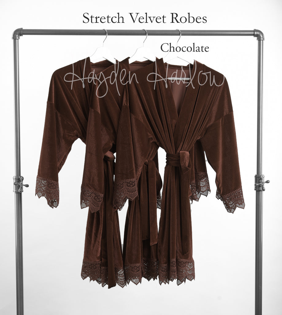 Chocolate Brown Stretch Velvet & Lace robe - Hayden Harlow