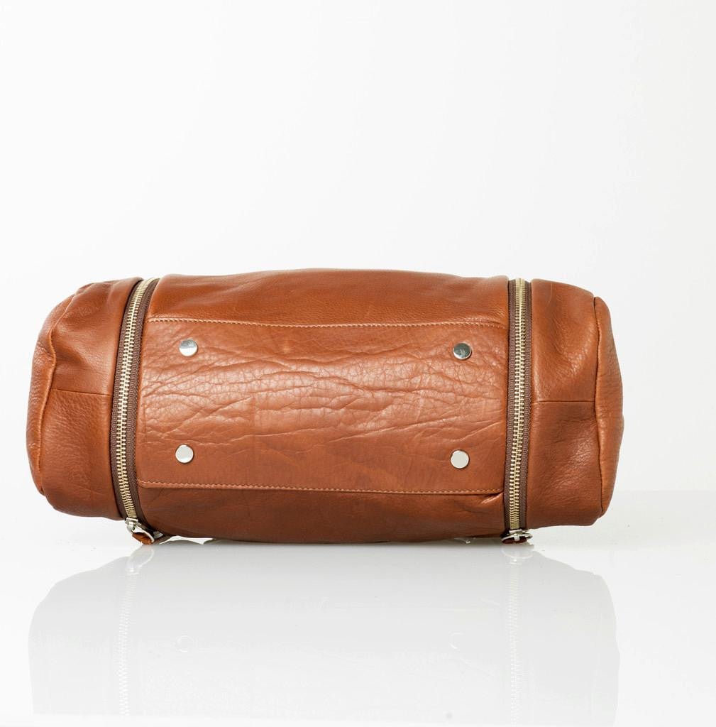 Jacki Easlick Cognac leather expanding satchel with zippers | JackiEaslick