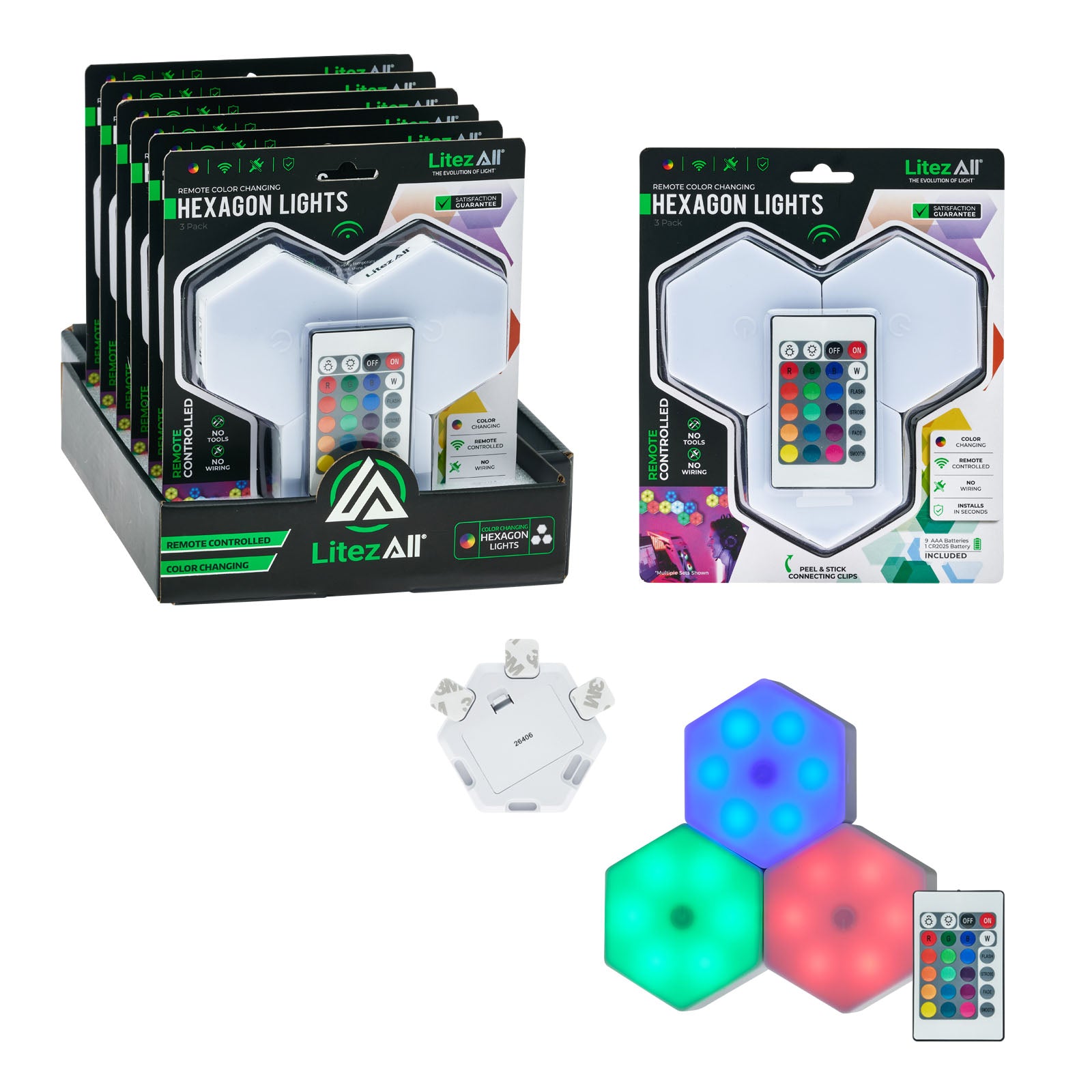 26406 - LA-HEXRGBx3-6/24 LitezAll Wireless Hexagon Lights with Remote Control 3 Pack