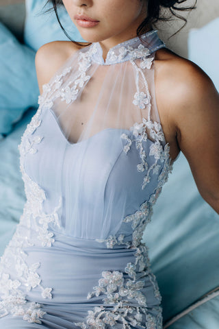 Elizabeth Grace Couture for Grace Atelier,  blue wedding gown cheongsam inspired