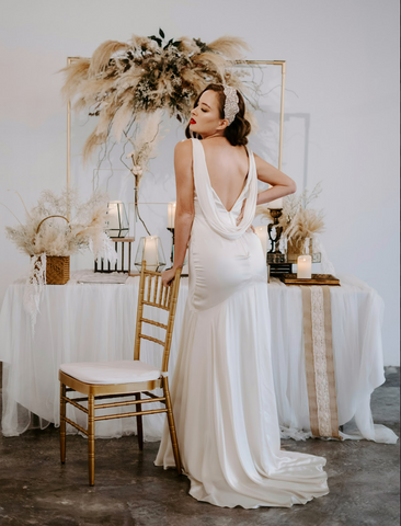 May Wan modelling vintage wedding dress Elizabeth Grace Couture