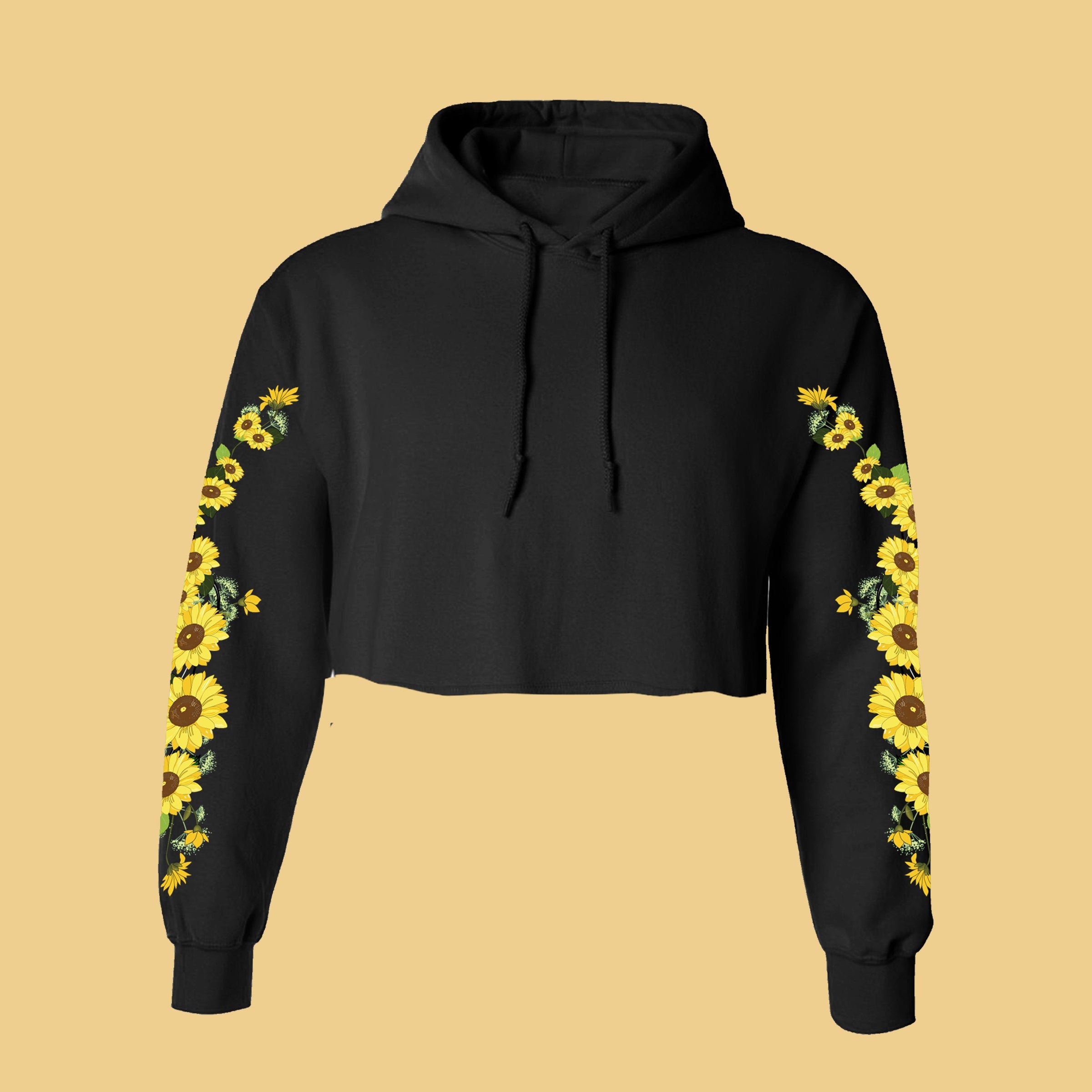 yellow hoodie with sunflowers on sleeves