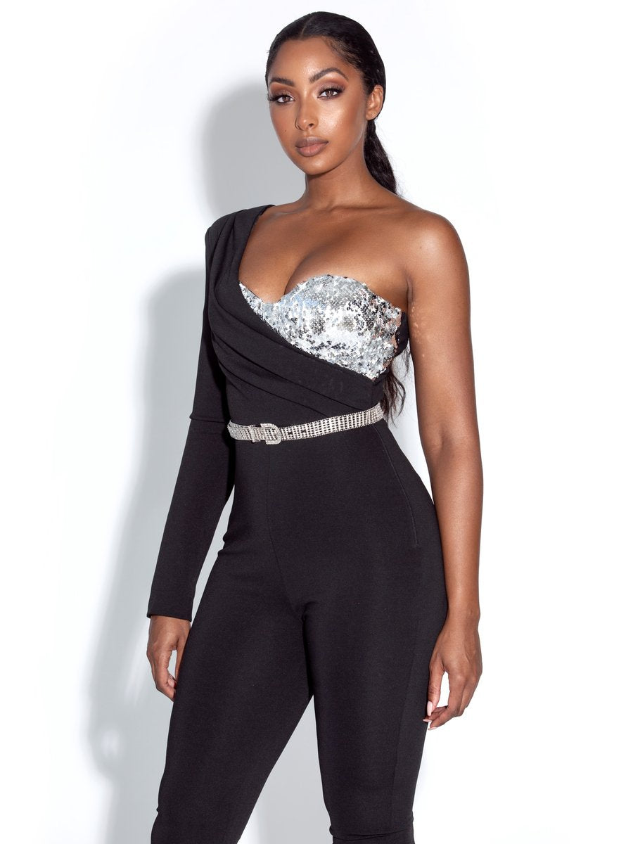 crepe one shoulder jumpsuit