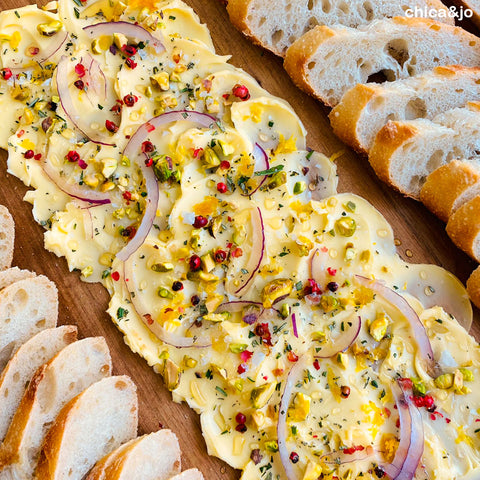 pistachio and pink peppercorn butter board