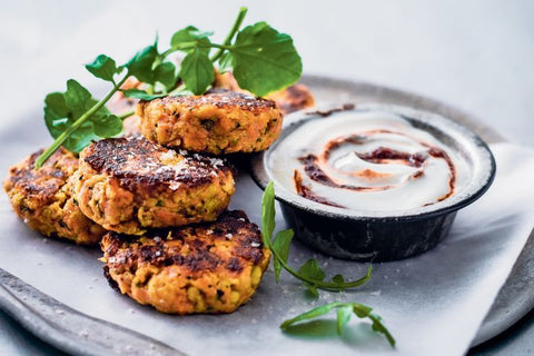 Carrot Cakes with Harissa Yogurt Sauce