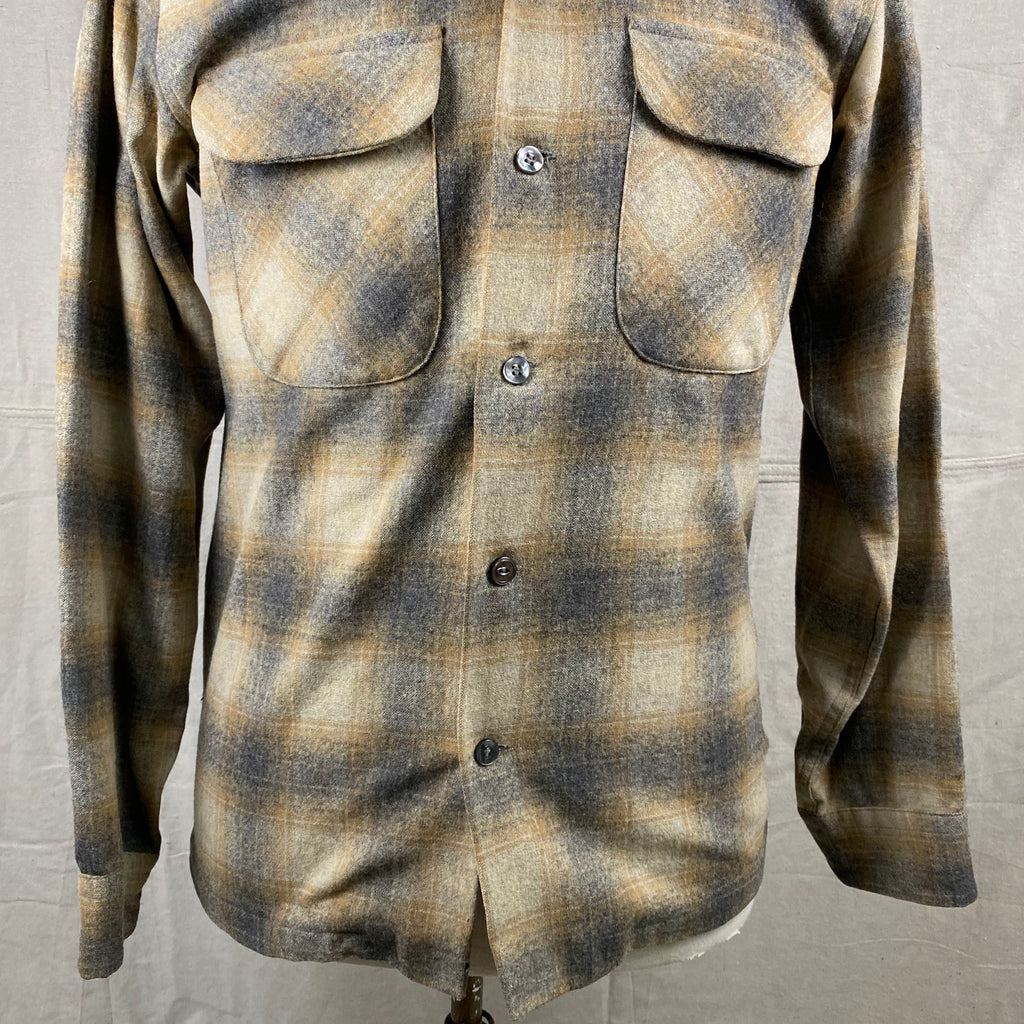 Vintage Pendleton Grey & Tan Shadow Plaid Wool Board Shirt SZ S