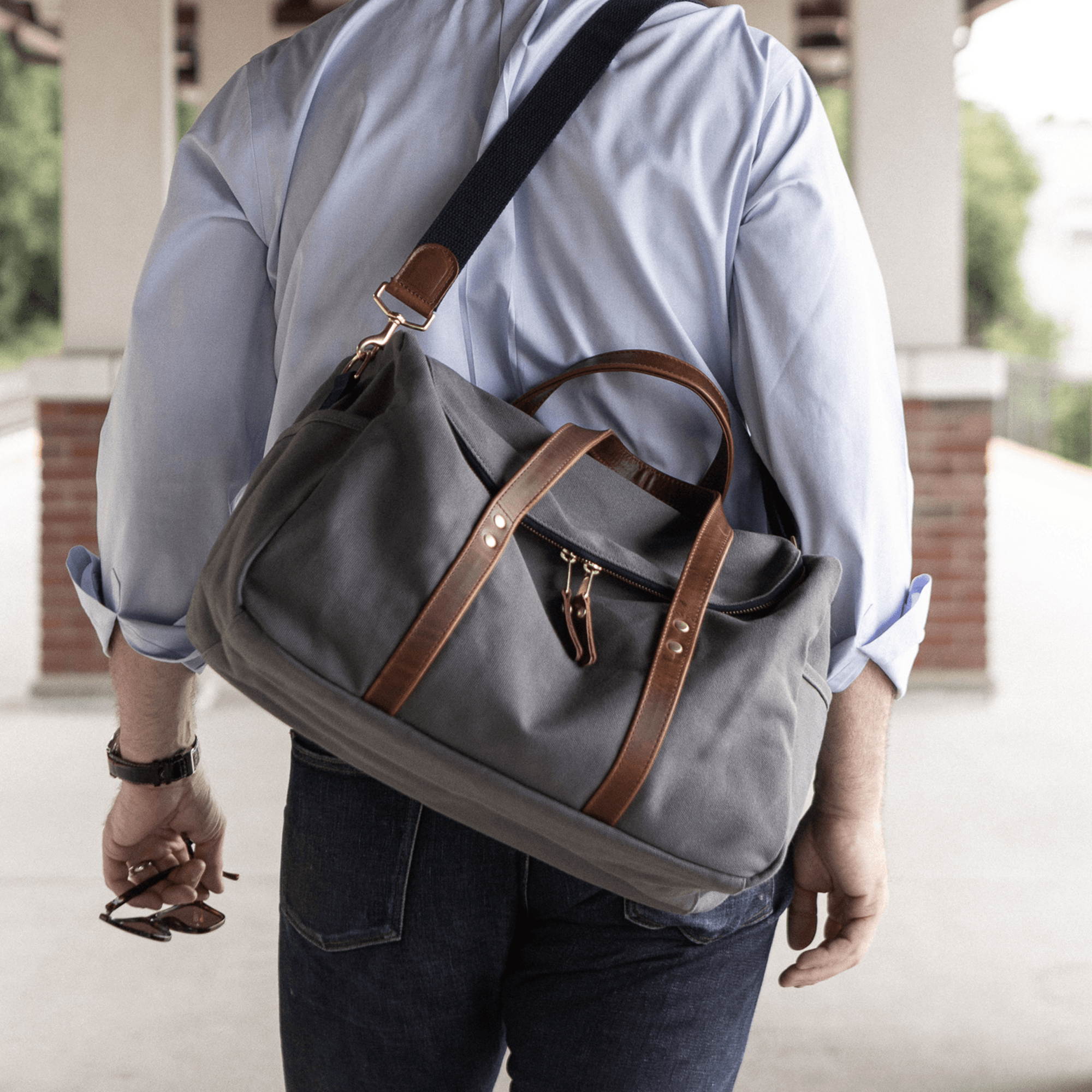 Medium Canvas and Leather Duffel Bag - Charcoal Grey/Whiskey Brown