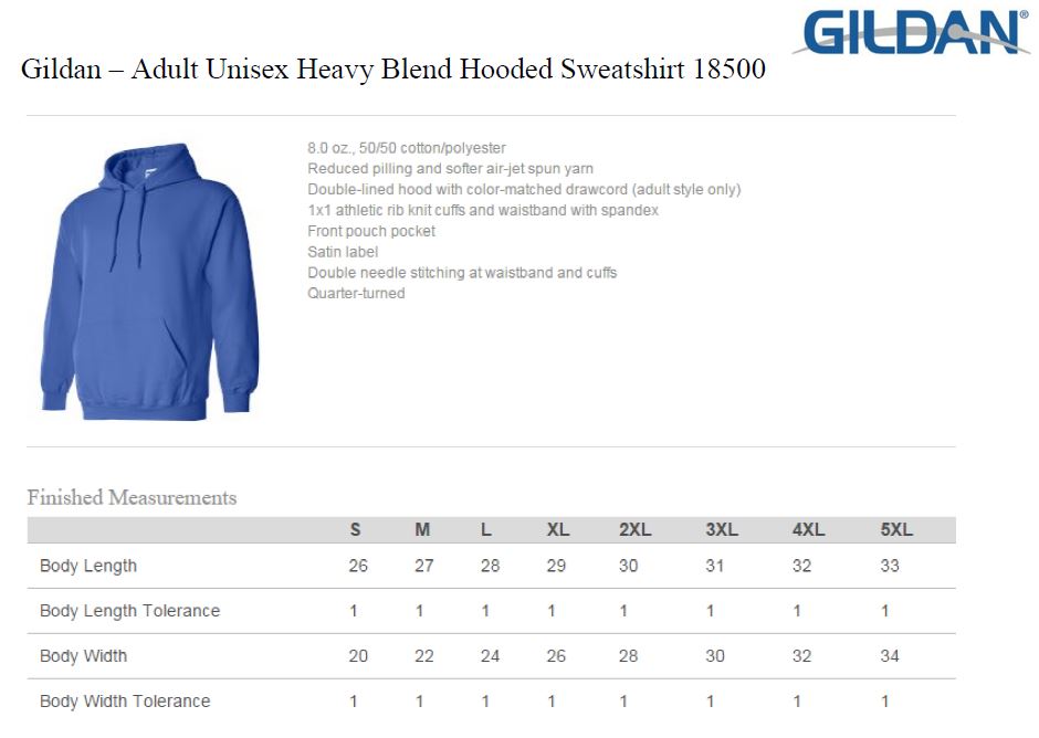 Gildan Unisex Sweatshirt Size Chart