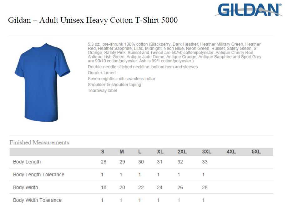 Gildan Unisex Size Chart