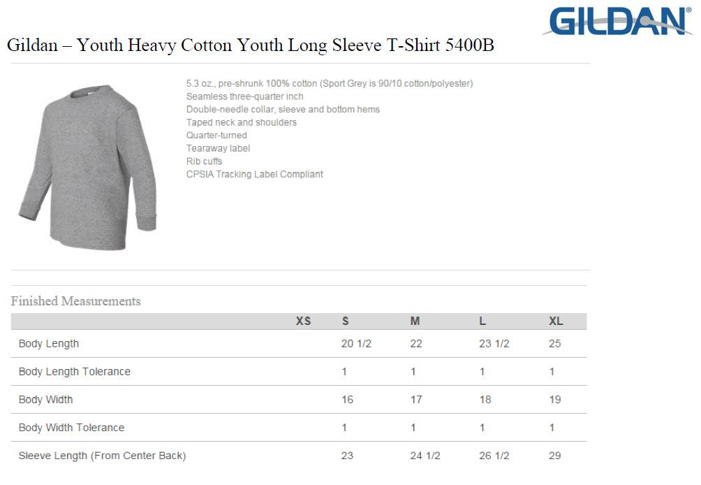 Gildan Youth Long Sleeve Size Chart