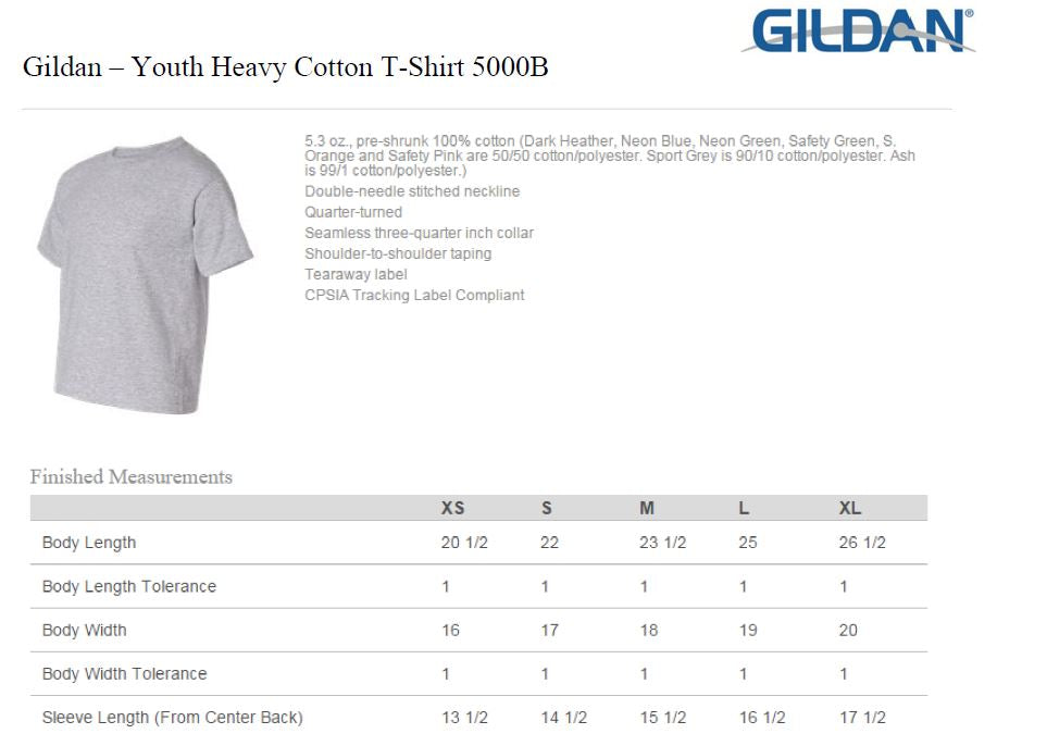 Gildan Short Sleeve Youth T Shirt Size Chart