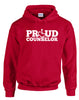 Red hooded pullover. Our trademarked International Symbol of Acceptance ("wheelchair heart symbol") replaces the O in the word PROUD boldly displayed on your chest.