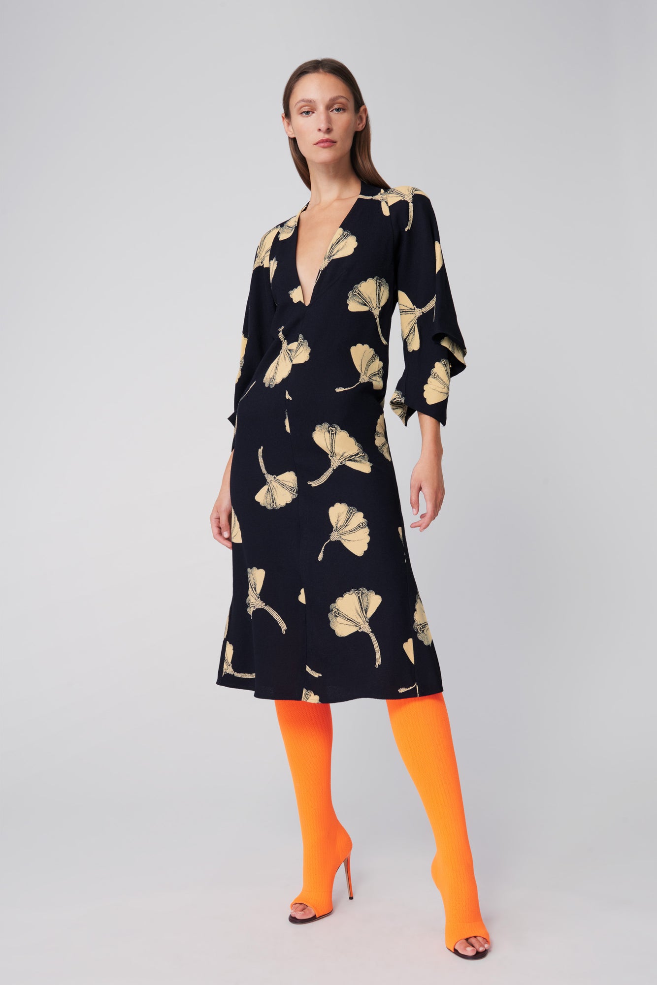 V Neck Draped Sleeve Midi Dress in Floral Print | Victoria Beckham