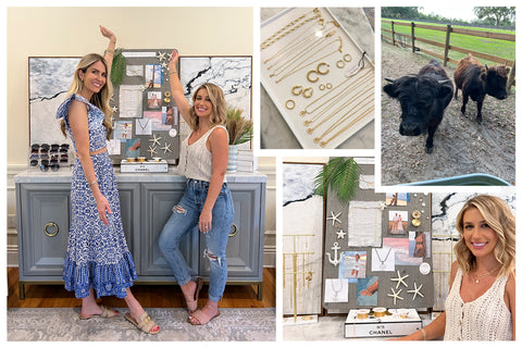 Image of Laura Beverlin and Electric Picks Founder MJ designing beach inspired jewelry pieces for her collection. Laura in front of design inspiration board, sample pieces and cows from her farm in Florida