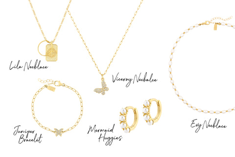 Electric Picks X Madi Messer Collection. 5 piece of gold jewelry - pearl necklace, gold chain necklace with butterfly charm with gems and longer gold chain necklace with tag and ring charms. Pearl and gold huggie earrings and gold chain bracelet with butterfly charm.