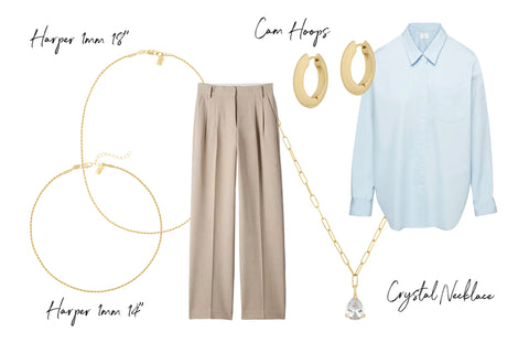 Gold jewelry paired with tailored pants and a buttondown, Crystal necklace, gold baby hoops, Harper Necklace