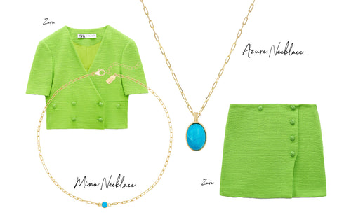 Neon top and matching skirt paired with gold jewelry with pops of turquoise