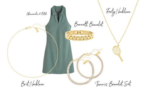 Athletic tennis dress paired with crystal tennis bracelets and dainty gold charms